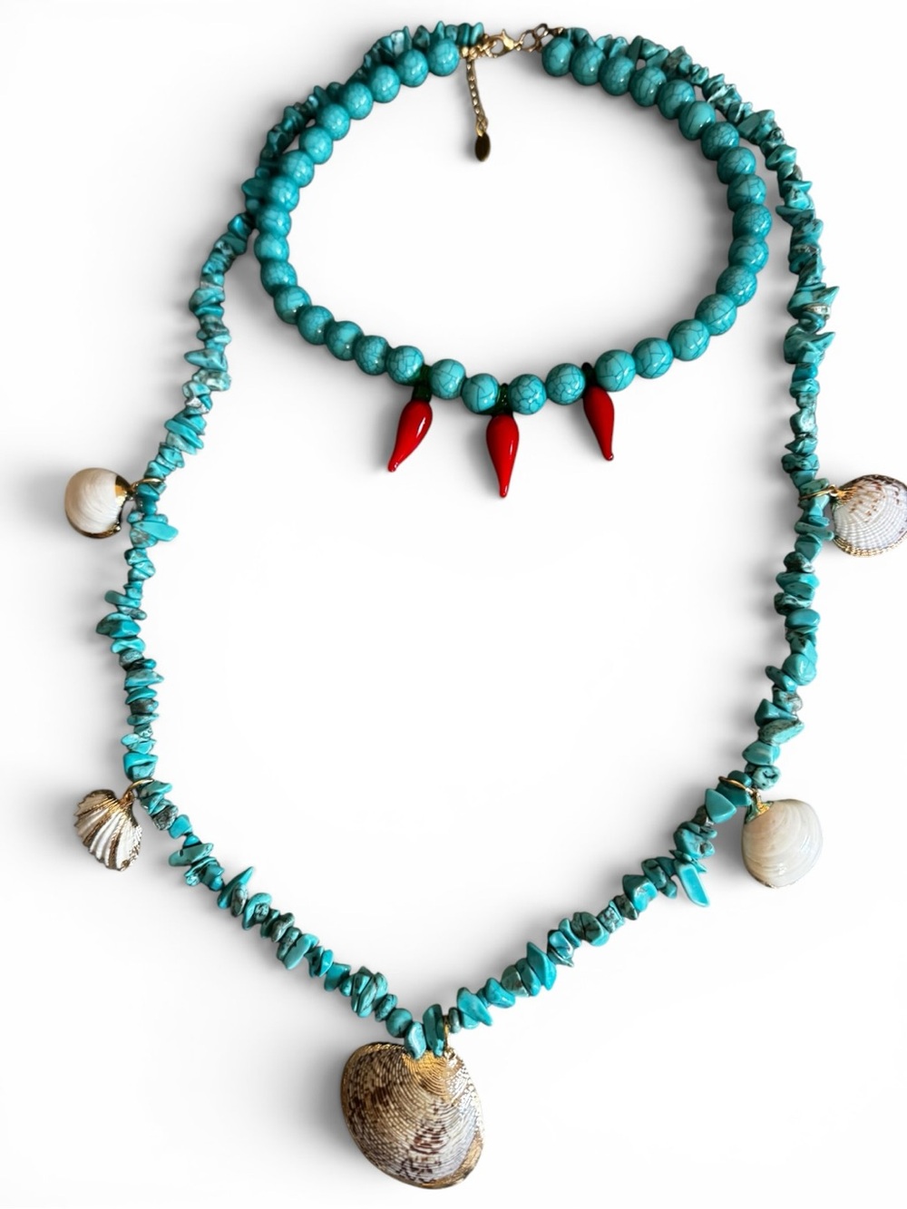 Turquoise Beaded Necklace Set with Red Accent Charms